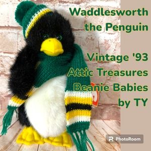 NWT RARE VINTAGE WADDLESWORTH the Penguin 1993 TY Attic Treasures Beanie Baby